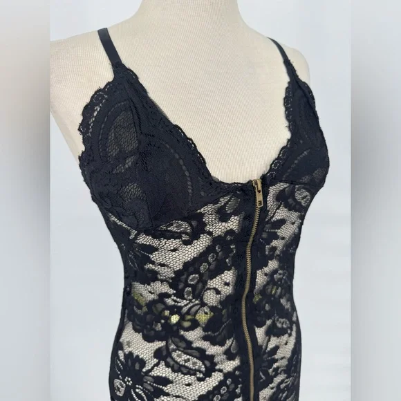 Black Lace‎ Lingerie Slip Front Zip Sheer Floral Chemise Medium - Picture 4 of 8
